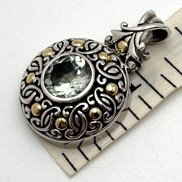 Bali Prasiolite Pendant Necklace Sterling Silver 18K Gold Scrollwork 16" - Picture 8 of 16